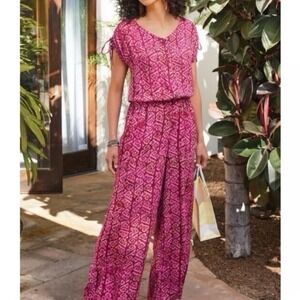 Soft Surroundings Pink Geometric Print Tie Waist Wide Leg‎ Jumpsuit Size Medium